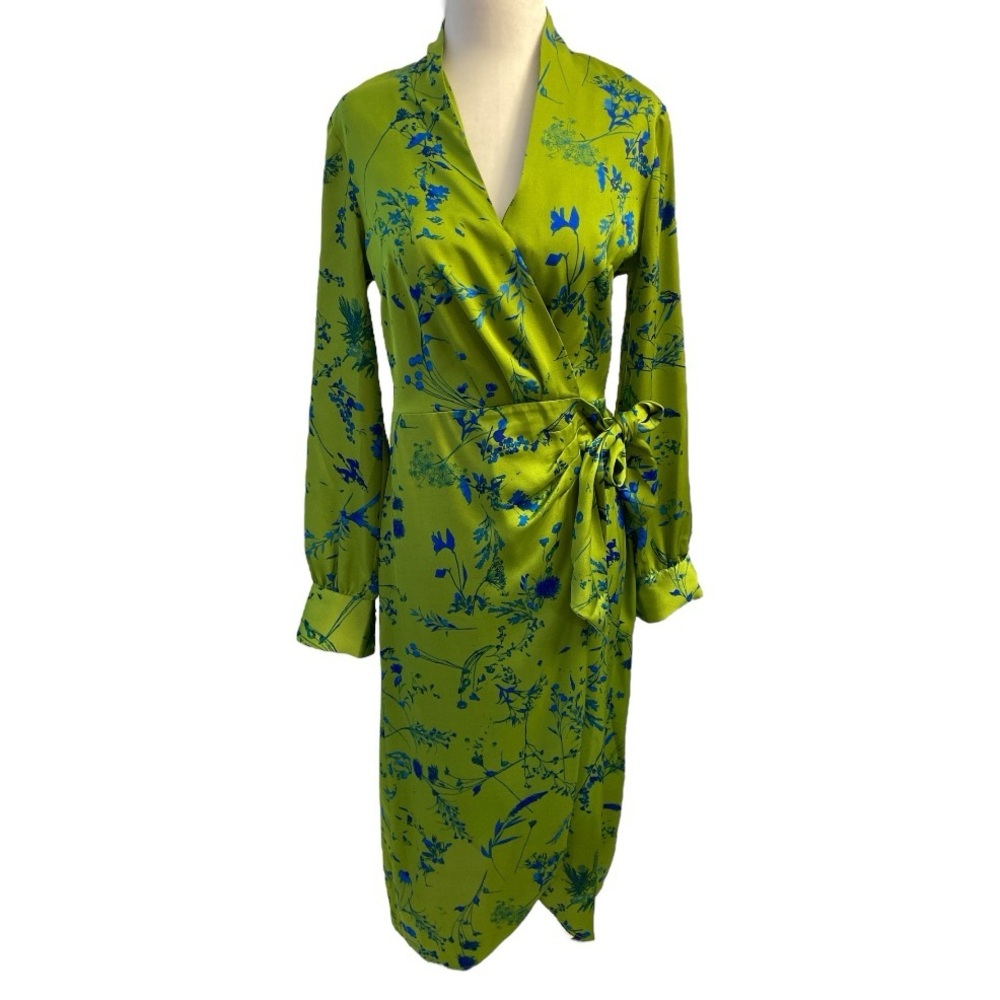 I.N.C. International Concepts Satin Wrap Dress Green Floral Elegant Size XS - Picture 4 of 14